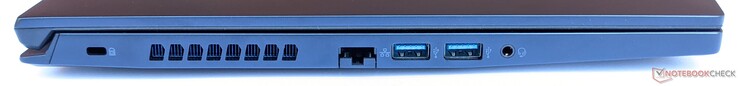 Left: Kensington lock, Gigabit ethernet, 2x USB 3.1 Gen 1, audio combo port
