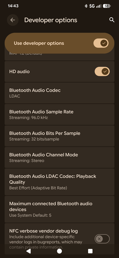 HD audio and LDAC settings in the Developer Options