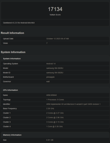 Snapdragon 8 Gen 3 Vulkan benchmark (image via Geekbench)