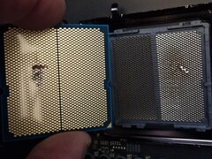 A damaged Ryzen 9 9950X3D CPU that was paired with an ASRock motherboard. (Image source: I_fliu on Reddit)