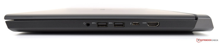 Right: 3.5 mm audio, 2x USB 3.1, USB Type-C with Thunderbolt 3 @ 40 Gbps, HDMI 2.0