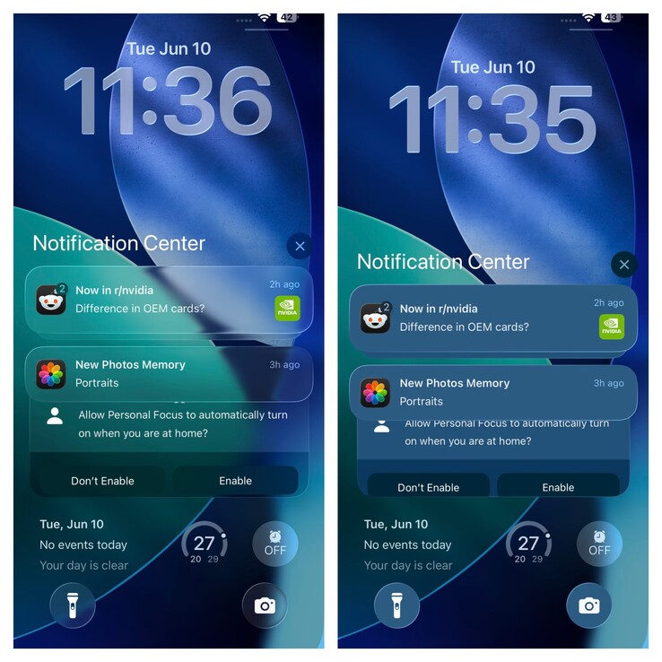 iOS 26 Lock Screen with and without transparency. (Image source: Vaidyanathan S. on X)