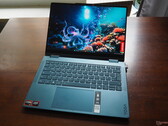 The image portrays the Yoga 7 two-in-one laptop from Lenovo in its typical laptop position 