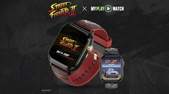 Street Fighter II: My Play Watch gaming watch with a red strap, gold-finished details and a second watch display, against a dark textured background.