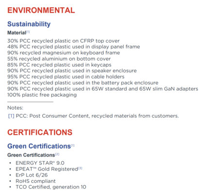 Recycled materials and environmental certifications (source: Lenovo)