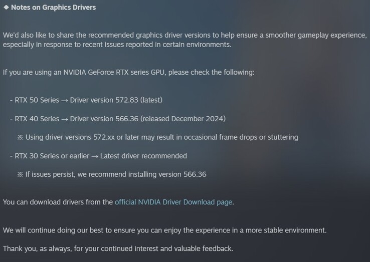 inZoi GPU driver recommendations (Image Source: Steam)