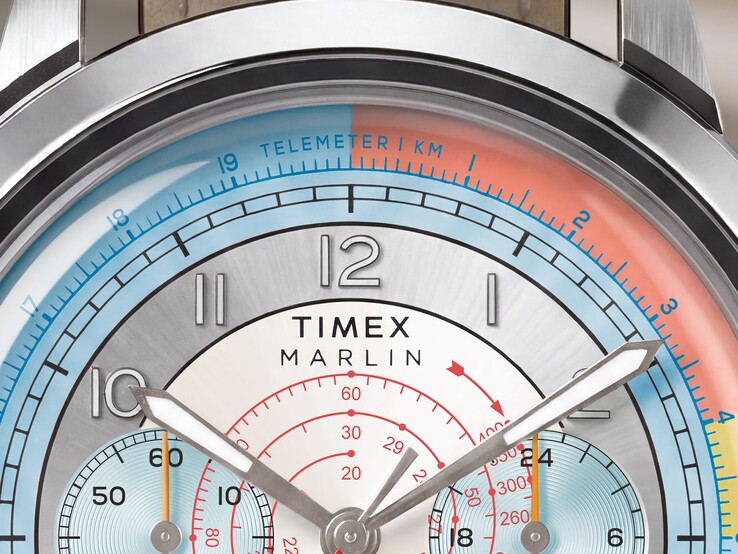 Close-up of the Timex Marlin Neo Classic Chronograph dial showing its blue telemeter scale, red tachymeter scale, and two subdials.