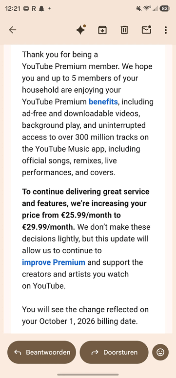 YouTube Premium family price hike e-mail