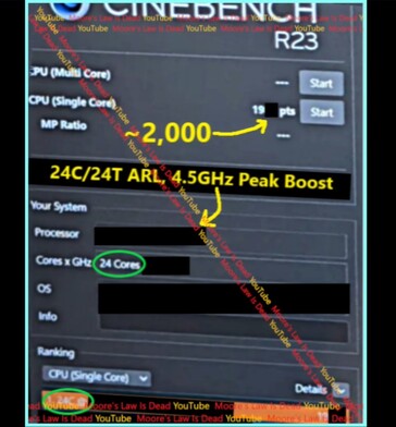 Arrow Lake Single-Core Cinebench R23. (Image source: Moore's Law Is Dead on YouTube)