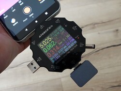 The InfiRay P2 Pro connected to our USB tester