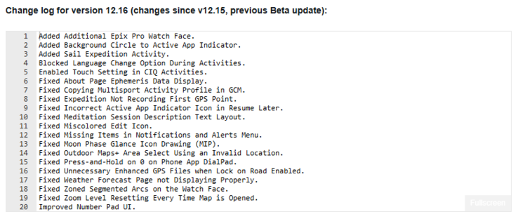 The change log for beta version 12.16 for the Garmin Fenix 8, Fenix E and Enduro 3. (Image source: Garmin)