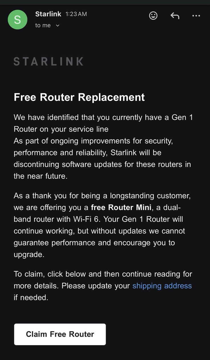 Starlink's email to its customers informing them about the free router replacement (Image Source: Reddit user Dawson81702)