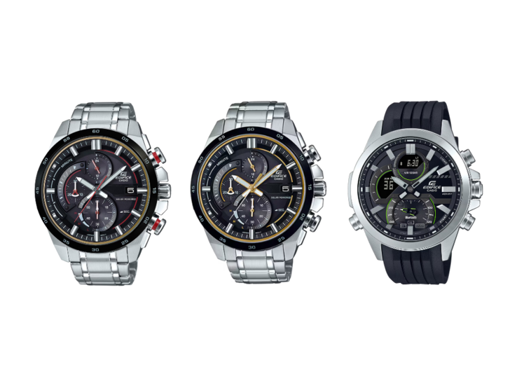 From left to right, the Casio Edifice EQS600DB-1A4, the EQS600DB-1A9, and the ECB30P-1A. (Image source: Casio)