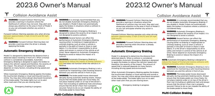 The AEB manual updates reflecting the increased speed range and reverse operation