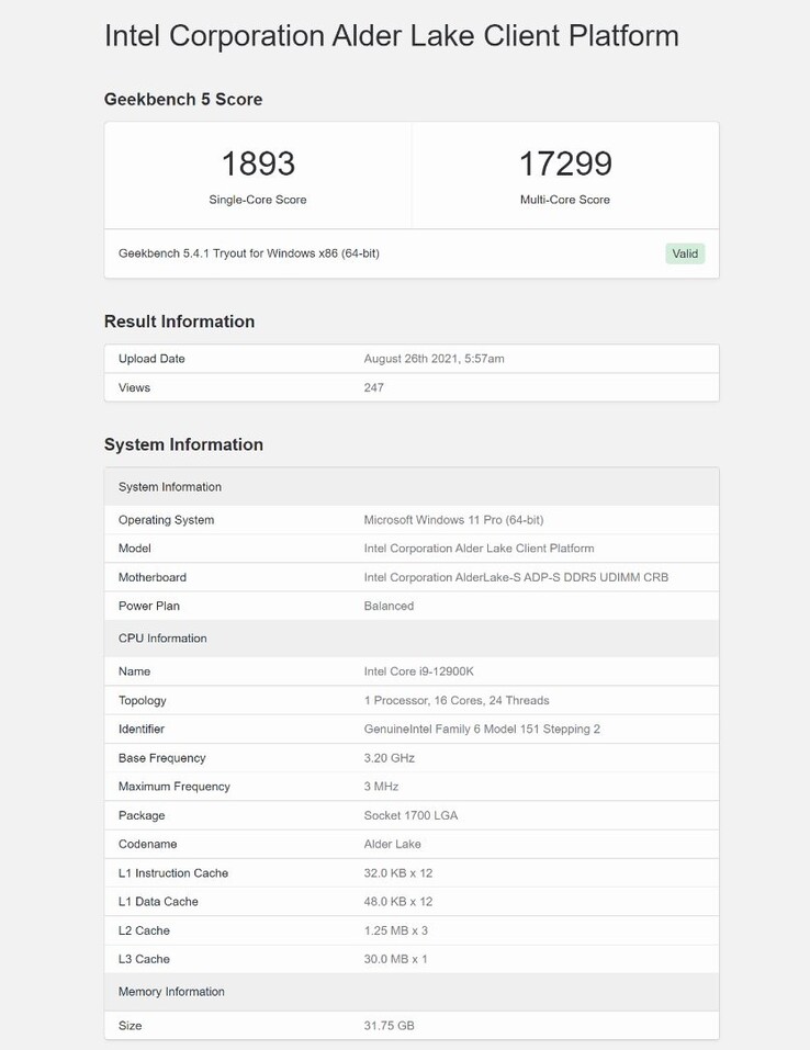 Intel Alder Lake Core i9-12900K on Geekebench. (Source: Geekbench)