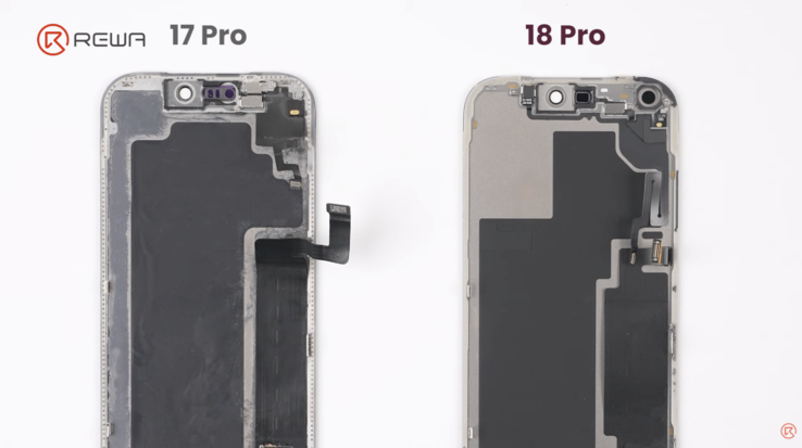 iPhone 17 Pro vs iPhone 18 Pro, showing back of display panel with new layout.