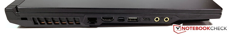Left side: Kensington Lock, RJ45, HDMI 2.0, Mini-DisplayPort 1.2, USB-A 3.1 Gen.2, USB-C 3.1 Gen.2, 3.5 mm headphones, 3.5 mm microphones