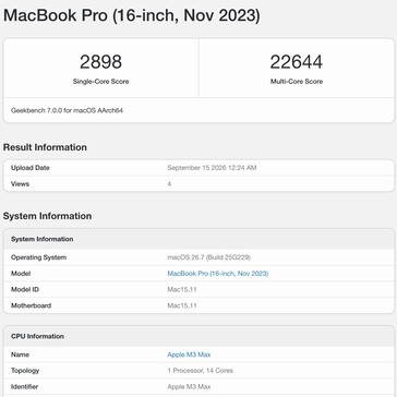 Apple M3 Max Geekbench 7 result.