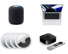 Collage showing a HomePod, MacBook Pro, AirTags, and Apple TV with Siri Remote. (Image source: Apple)