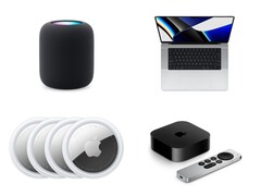 Collage showing a HomePod, MacBook Pro, AirTags, and Apple TV with Siri Remote. (Image source: Apple)