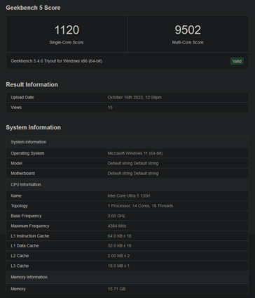 Intel Core Ultra 5 135H Geekbench performance (image via Geekbench)