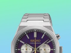 Close-up of the upper half of the Seiko HGK003, highlighting the angular stainless steel case, top bracelet links, upper pushers, and the top section of the purple dial set against a vibrant green and blue gradient background.