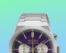 Close-up of the upper half of the Seiko HGK003, highlighting the angular stainless steel case, top bracelet links, upper pushers, and the top section of the purple dial set against a vibrant green and blue gradient background.