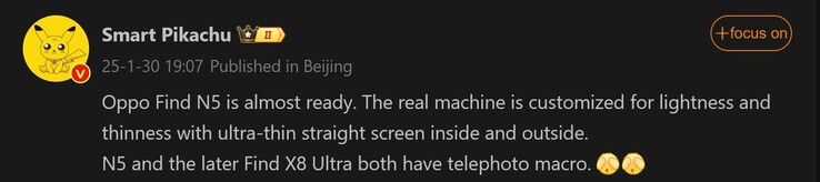 Smart Pikachu's latest report on OnePlus Open 2 (Image source: Weibo - machine translated)