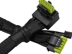 ASRock&#039;s L-shaped 12V-2x6 cable with green pins. (Image source: ASRock)