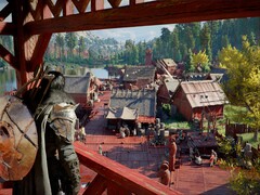 Crimson Desert protagonist Kliff looking out onto a town.