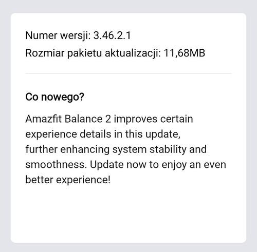 The release notes for the Amazfit Balance 2 smartwatch firmware 3.46.0.1