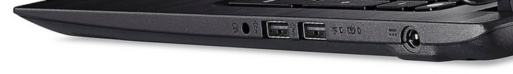 Right side: microphone/headphone combo jack, two USB 2.0 ports, DC power socket