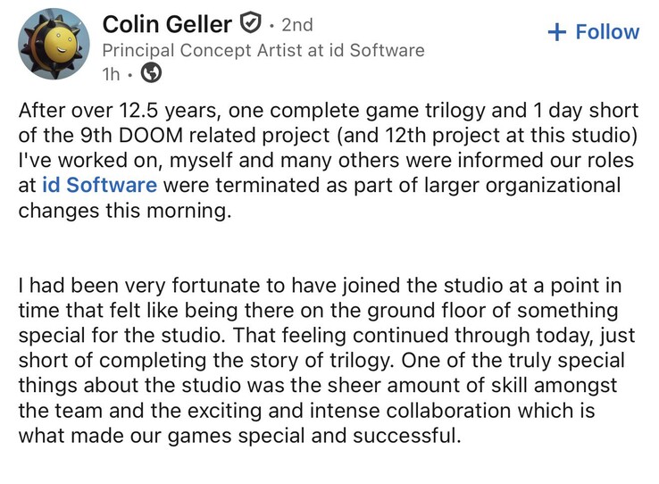 Colin Geller, the man responsible for establishing the art direction of modern Doom, has also been let go