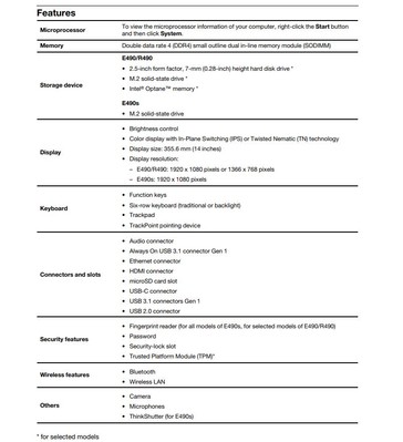 Specifications of the ThinkPad E490s