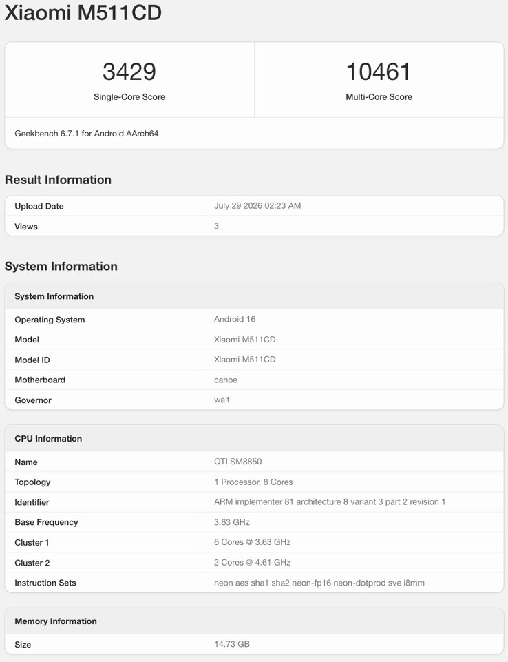 Geekbench listing of the alleged Redmi K100 Pro.