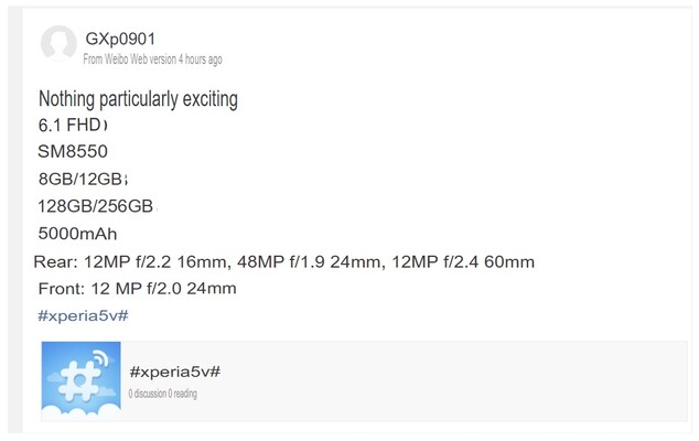 Alleged Xperia 5 V specs. (Image source: Weibo via SumahoDigest)