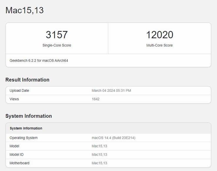 M3-powered MacBook Air's Geekbench 6 benchmark scores. (Source: Geekbench)