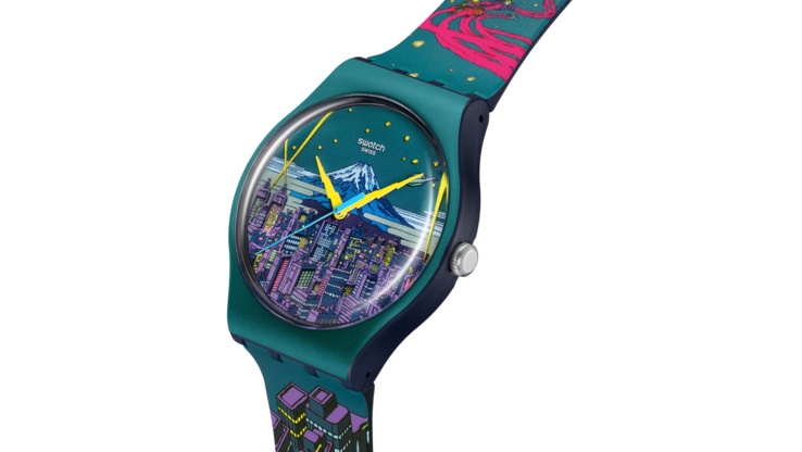 Swatch's Expressway to the Future reimagines Tokyo with a vibrant cityscape and lightning-shaped hands.