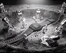 Casio x GRAGG LW-204GRAGG-1BDF digital watch displayed on a sculptural silver stand surrounded by miniature astronauts and molten-metal-inspired objects.