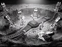 Casio x GRAGG LW-204GRAGG-1BDF digital watch displayed on a sculptural silver stand surrounded by miniature astronauts and molten-metal-inspired objects.