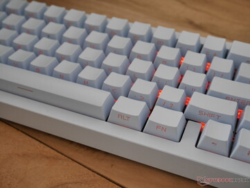 The shine-through legend on the Tide65 keycaps is bright enough for a dimly lit room but not for brighter environments. 