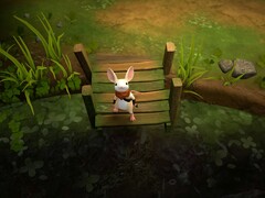 Quill rests on a wooden bridge in Moss: The Forgotten Relic.