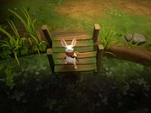 Quill rests on a wooden bridge in Moss: The Forgotten Relic.