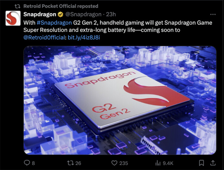 Qualcomm teased Retroid's usage of the Snapdragon G2 Gen 2 in March. (Image source: Qualcomm & X)