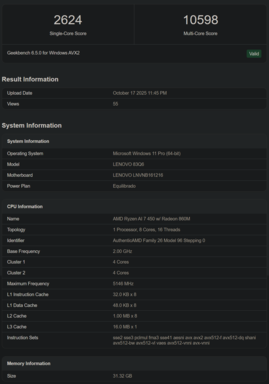 Ryzen AI 7 450 Geekbench listing (image source: Geekbench)