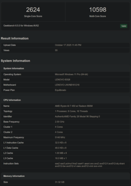 Ryzen AI 7 450 Geekbench listing (image source: Geekbench)