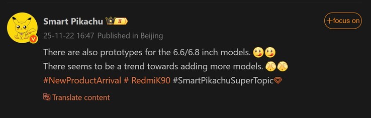 Smart Pikachu reports on Redmi K90 Pro screen size (Image source: Weibo - machine translated)