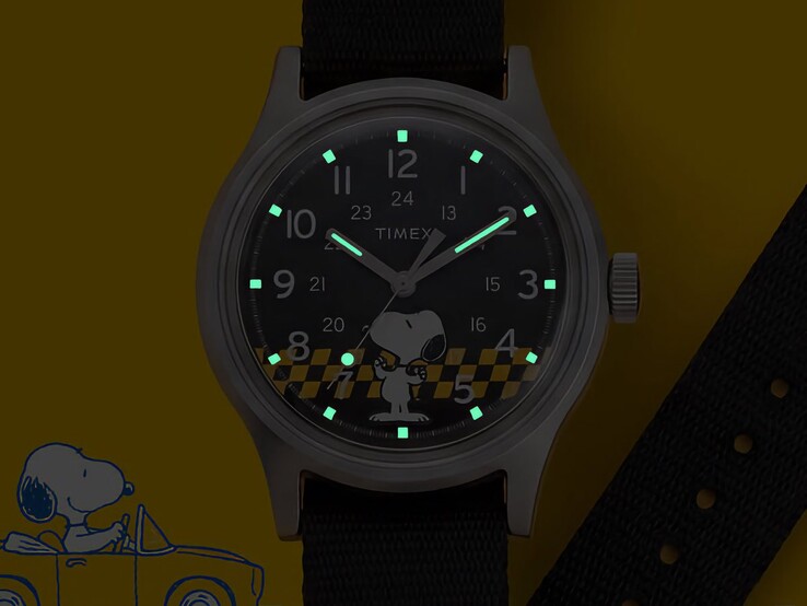 Timex x Peanuts Snoopy MK1 glowing in the dark thanks to the luminescent hour markers and hands.