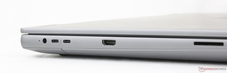 Left: AC adapter, 2x USB-C Thunderbolt 5 w/ DisplayPort 2.1 + Power Delivery (80 Gbps), HDMI 2.1, SD card reader
