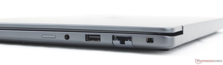 Right: Nano-SIM slot (optional), 3.5 mm headset, USB-A 3.2 Gen. 1 (5 Gbps), RJ-45 (1 Gbps), Noble lock